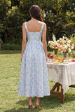 Blue Jacquard A Line Square Neck Wedding Guest Dress