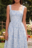 Blue Jacquard A Line Square Neck Wedding Guest Dress