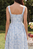 Blue Jacquard A Line Square Neck Wedding Guest Dress