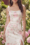 White Floral Sheath Wedding Guest Dress with Slit