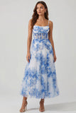 Blue Floral Pleated Corset A Line Wedding Guest Dress