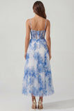 Blue Floral Pleated Corset A Line Wedding Guest Dress