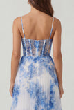 Blue Floral Pleated Corset A Line Wedding Guest Dress