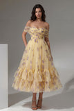 Yellow Floral Off the Shoulder Ruched A Line Wedding Guest Dress