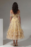 Yellow Floral Off the Shoulder Ruched A Line Wedding Guest Dress