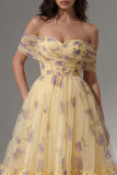 Yellow Floral Off the Shoulder Ruched A Line Wedding Guest Dress