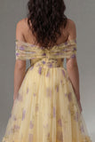 Yellow Floral Off the Shoulder Ruched A Line Wedding Guest Dress