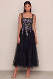 Black Appliqued Sequin Square Neck Tulle A Line Wedding Guest Dress