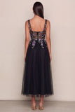 Black Appliqued Sequin Square Neck Tulle A Line Wedding Guest Dress