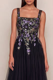 Black Appliqued Sequin Square Neck Tulle A Line Wedding Guest Dress