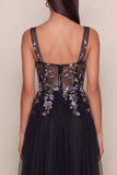 Black Appliqued Sequin Square Neck Tulle A Line Wedding Guest Dress