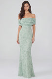 Dusty Sage Floral Mermaid Off the Shoulder Wedding Guest Dress