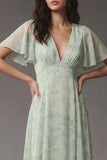 Floral A Line V Neck Dusty Sage Maxi Wedding Guest Dress
