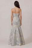 Strapless Mermaid Dusty Blue Brocade Wedding Guest Dress with Bow