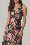 One Shoulder Pink Floral Wedding Guest Dress