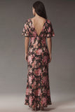 Pink Floral V Neck Wedding Guest Dress with Flutter Sleeves