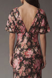 Pink Floral V Neck Wedding Guest Dress with Flutter Sleeves