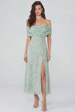 Off the Shoulder Floral Dusty Sage Midi Wedding Guest Dress with Slit