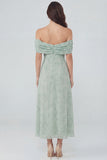 Off the Shoulder Floral Dusty Sage Midi Wedding Guest Dress with Slit