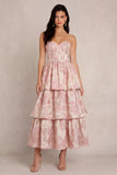 Strapless Blush Floral Brocade A Line Tiered Wedding Guest Dress