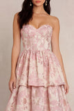 Strapless Blush Floral Brocade A Line Tiered Wedding Guest Dress