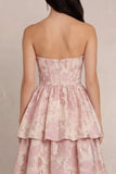 Strapless Blush Floral Brocade A Line Tiered Wedding Guest Dress