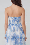 Blue Floral Strapless Corset Tiered Wedding Guest Dress