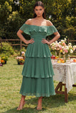 Eucalyptus Off the Shoulder Tiered Ruffled Wedding Guest Dress