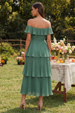 Eucalyptus Off the Shoulder Tiered Ruffled Wedding Guest Dress