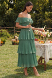Eucalyptus Off the Shoulder Tiered Ruffled Wedding Guest Dress