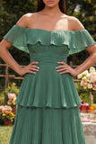 Eucalyptus Off the Shoulder Tiered Ruffled Wedding Guest Dress