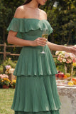 Eucalyptus Off the Shoulder Tiered Ruffled Wedding Guest Dress