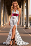 Black and White Polka Dots V-Neck Mermaid Long Prom Dress with Slit
