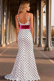 Black and White Polka Dots V-Neck Mermaid Long Prom Dress with Slit
