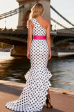 One Shoulder Black and White Polka Dots High-Low Prom Dress with Ruffles