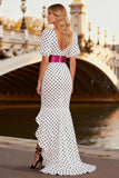 Black and White Square Neck Polka Dots Satin Long Prom Dress with Slit