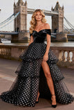 Off the Shoulder Black and White Polka Dots Tiered A Line Long Prom Dress with Slit
