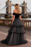 Off the Shoulder Black and White Polka Dots Tiered A Line Long Prom Dress with Slit