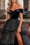 Off the Shoulder Black and White Polka Dots Tiered A Line Long Prom Dress with Slit