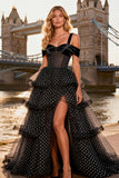 A Line Black and White Polka Dots Cold Shoulder Tiered Long Prom Dress with Slit