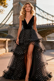 Black and White Polka Dots A Line V-Neck Tiered Tulle High-Low Prom Dress