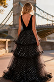 Black and White Polka Dots A Line V-Neck Tiered Tulle High-Low Prom Dress
