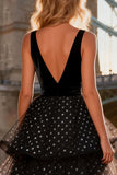 Black and White Polka Dots A Line V-Neck Tiered Tulle High-Low Prom Dress