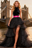 A Line Black and White Polka Dots High Neck Tiered Tulle High-Low Prom Dress