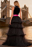 A Line Black and White Polka Dots High Neck Tiered Tulle High-Low Prom Dress