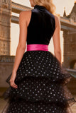 A Line Black and White Polka Dots High Neck Tiered Tulle High-Low Prom Dress