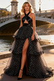 Black and White A Line Halter Cut Out Tiered Tulle Polka Dots Long Prom Dress with Slit