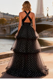 Black and White A Line Halter Cut Out Tiered Tulle Polka Dots Long Prom Dress with Slit