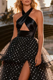 Black and White A Line Halter Cut Out Tiered Tulle Polka Dots Long Prom Dress with Slit
