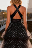 Black and White A Line Halter Cut Out Tiered Tulle Polka Dots Long Prom Dress with Slit